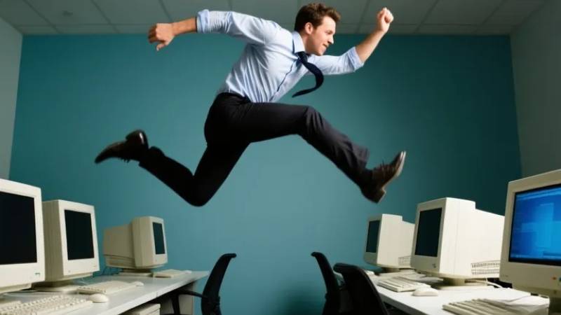 Man leaping between desks with computers.