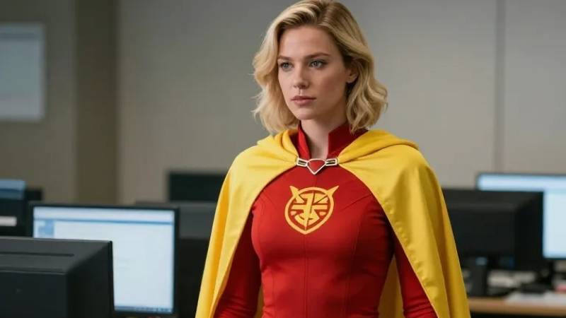 Woman in red superhero costume with yellow cape, emblematic symbol, in an office setting.