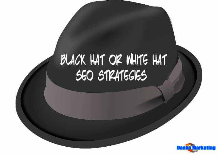Black fedora hat with "Black Hat or White Hat SEO Strategies" text.