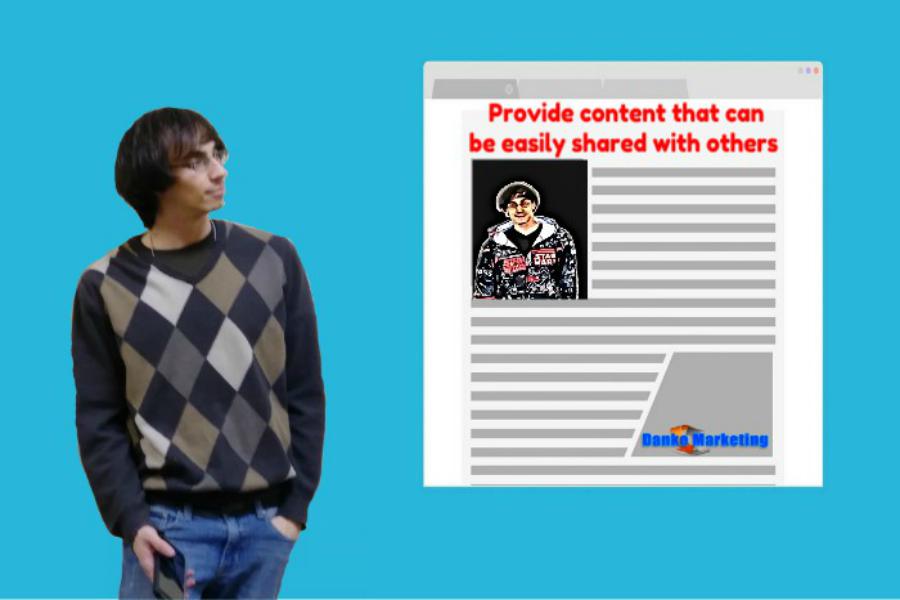 Man with phone next to digital content sharing concept.