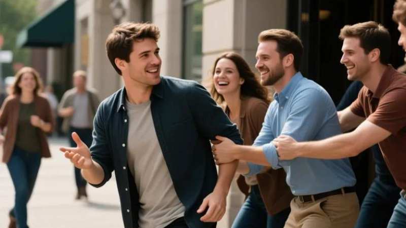 Group of friends laughing and pulling another friend down a city street.