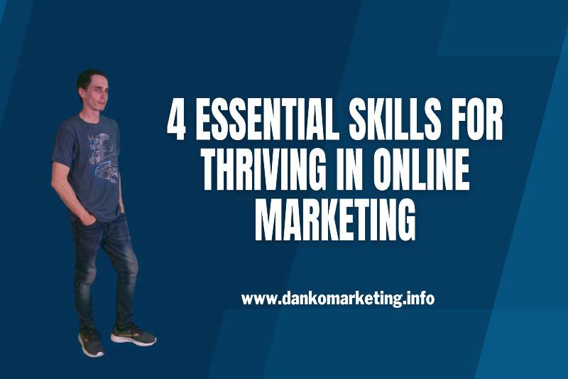 Four key skills essential for success in online marketing, illustrated with engaging graphics and text highlights.