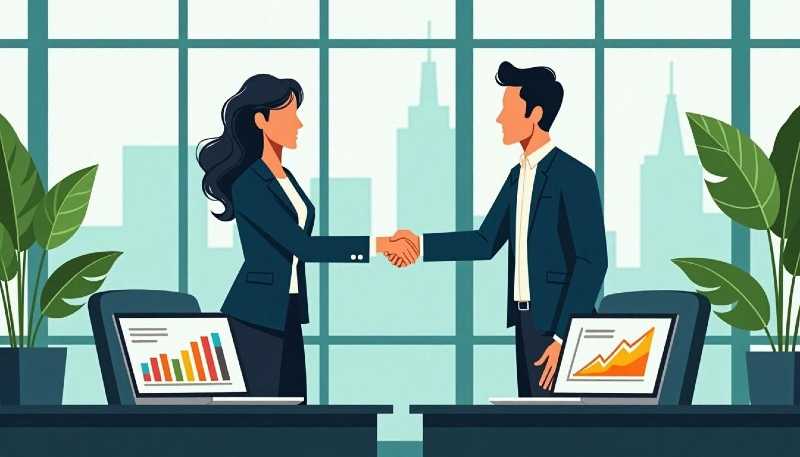 A handshake between two business people in front of a computer screen, representing collaboration and agreement.
