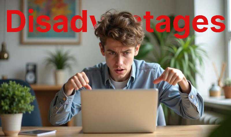 young man with a frown on his face looking at laptop screen and pointing both thumbs down