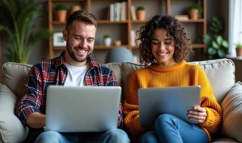 man and woman sitting on couch, each with a laptop, green planters and bookshelves in background