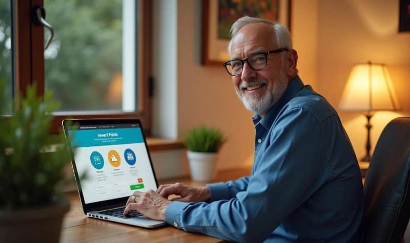 Elderly man using laptop at home desk with plants and lamp.