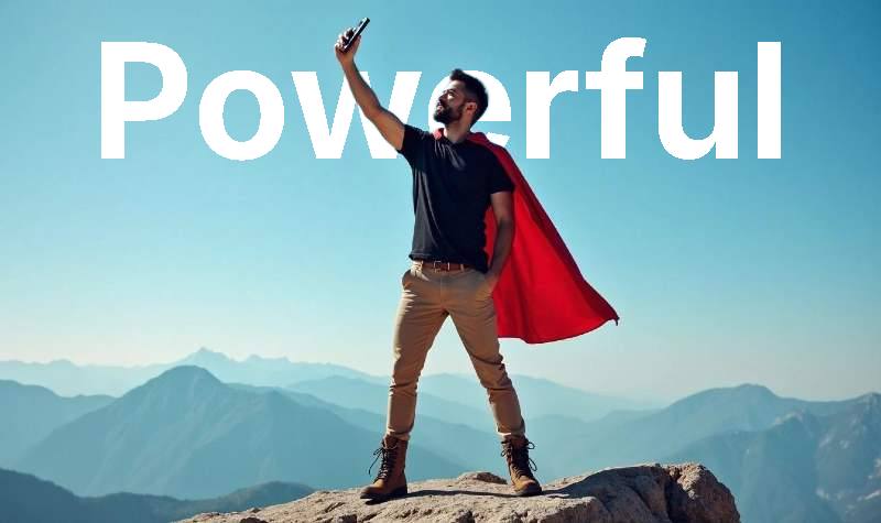 man wearing blue shirt, khaki pants, hiking boots, and red cape standing on mountain top with arm raised in air holding cell phone