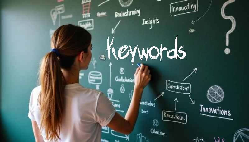 "Keywords" central concept with brainstorming ideas like "Innovations," "Collaboration," and "Consistent" on a chalkboard.