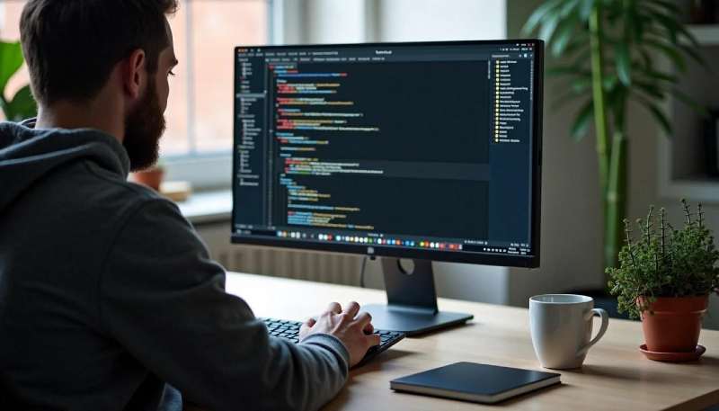 Man coding at his desk with computer code on screen.