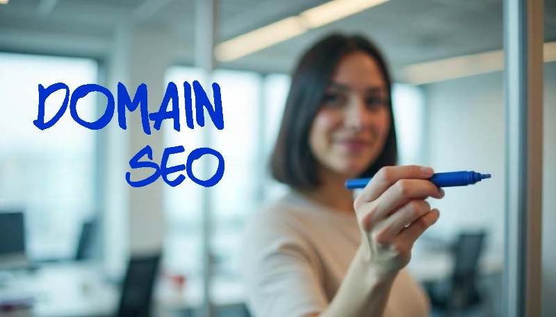 Woman writing "DOMAIN SEO" with marker in office.