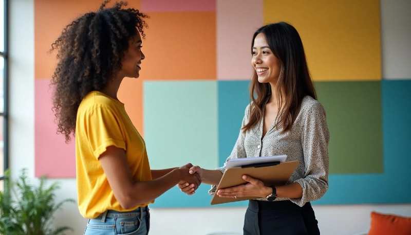 Two women shaking hands in an office with colorful wall art.