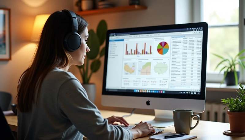 Woman working at computer with data charts, wearing headphones, in a cozy room.