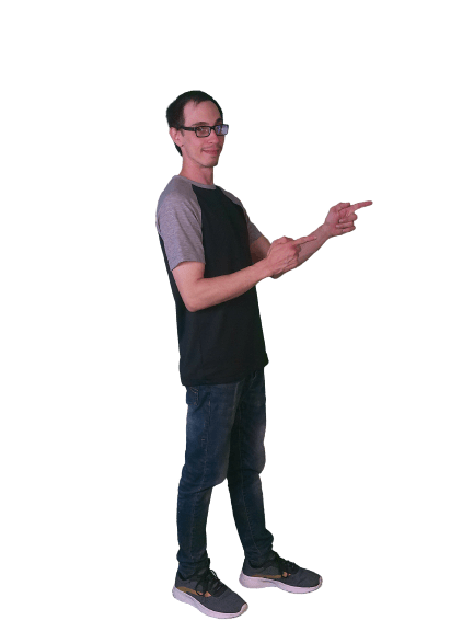 Man wearing glasses and casual attire pointing to his right.