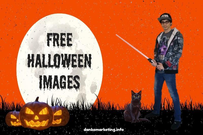 Halloween-themed graphic with man holding lightsaber, cat, jack-o'-lanterns, and full moon.