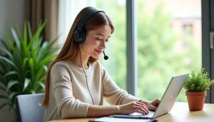 Woman using laptop with headset at desk by window.