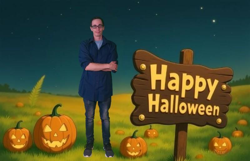 Man standing beside "Happy Halloween" sign with jack-o'-lanterns at night.