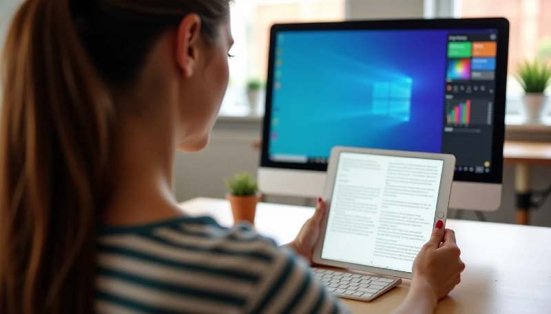 Woman using tablet with computer screen in background.