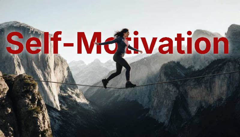 A woman balances on a tightrope with mountains in the background, symbolizing self-motivation.