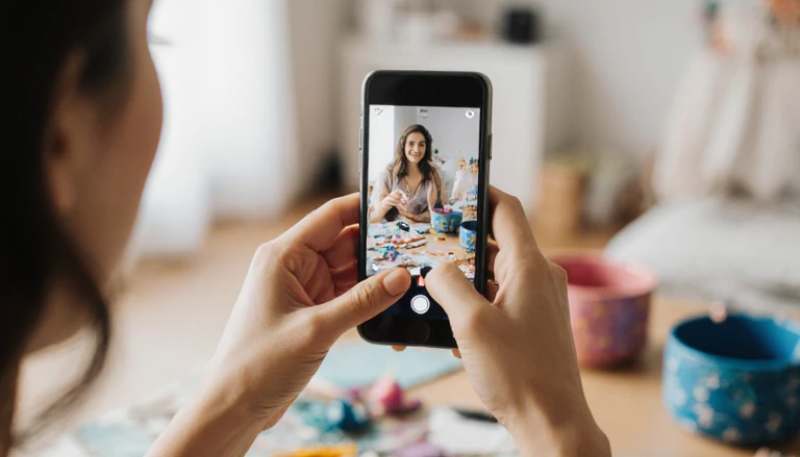 A person captures an image of another individual engaged in crafting activities with colorful materials.