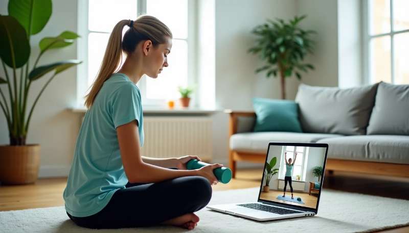 Woman exercising at home with dumbbells while watching an online workout video.