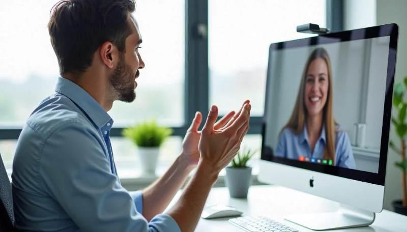 Man having video call with woman on computer screen.