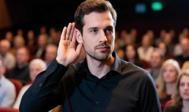 Man cupping ear at crowded event.