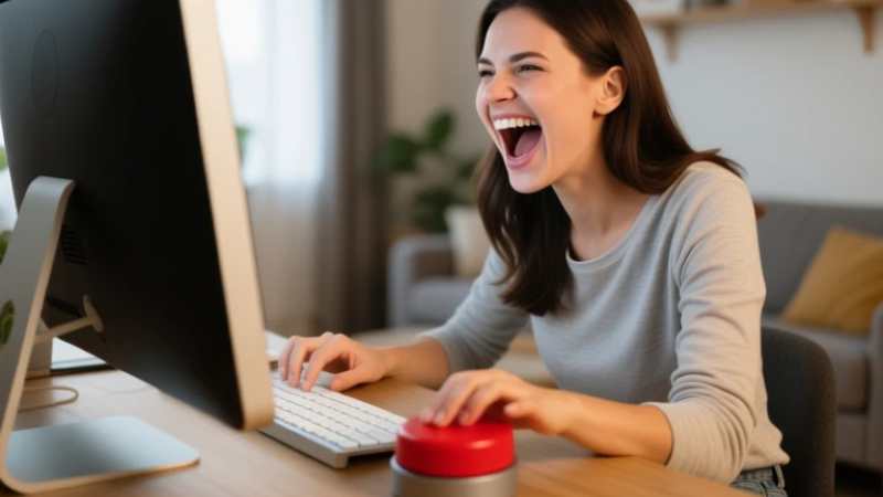 Woman laughing at computer screen with keyboard and mouse.