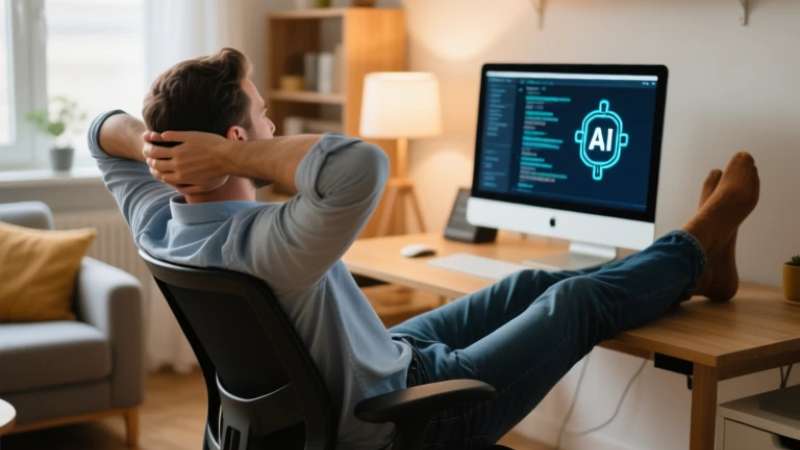Man relaxing at home with feet up, working on an AI project on his computer.