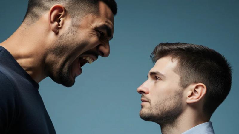 Two men facing each other; one appears to be shouting.