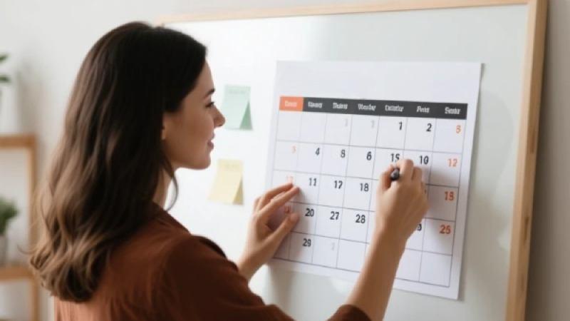 Woman marking dates on a calendar with a pen.