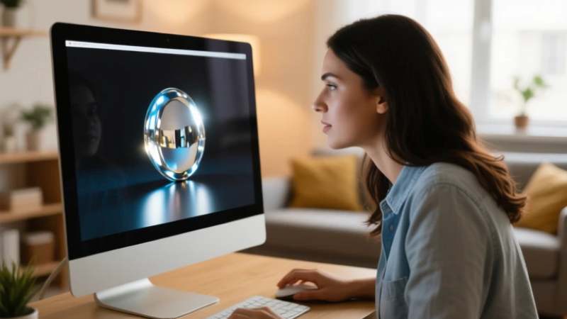 Woman working at home desk with computer displaying a metallic sphere.