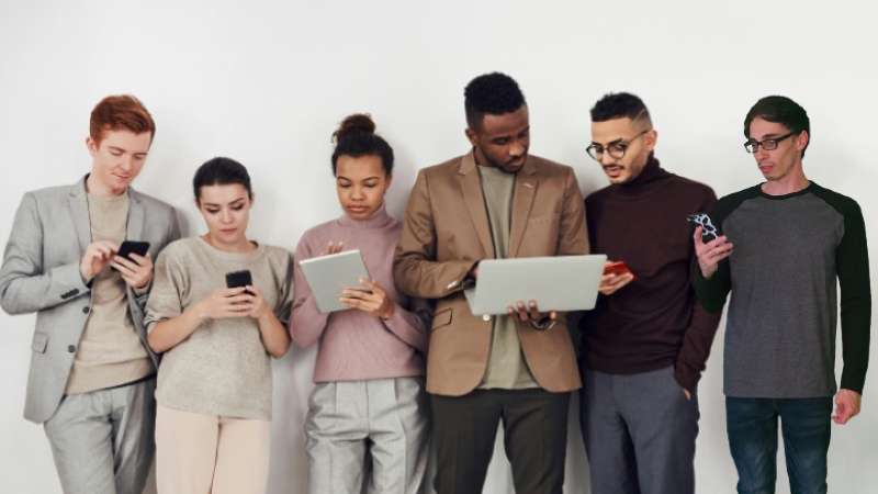 Six individuals using various tech devices against a white background.