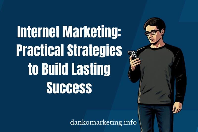 Man with phone against blue background, promoting internet marketing strategies.