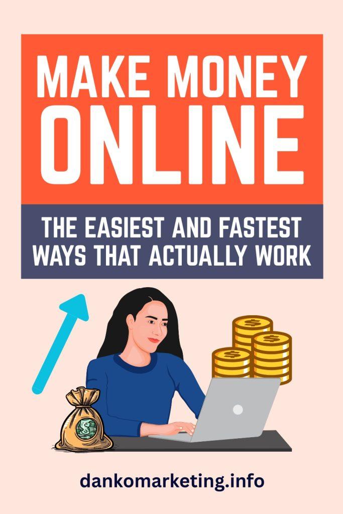 Online money-making guide with woman at laptop, coins, and money bag.