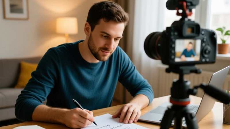 Man recording video while writing notes at home.