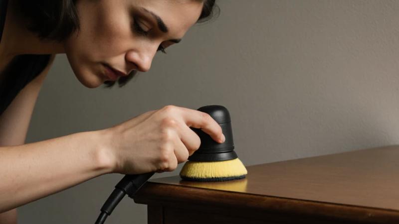 A person using an electric buffer to polish a wooden surface.