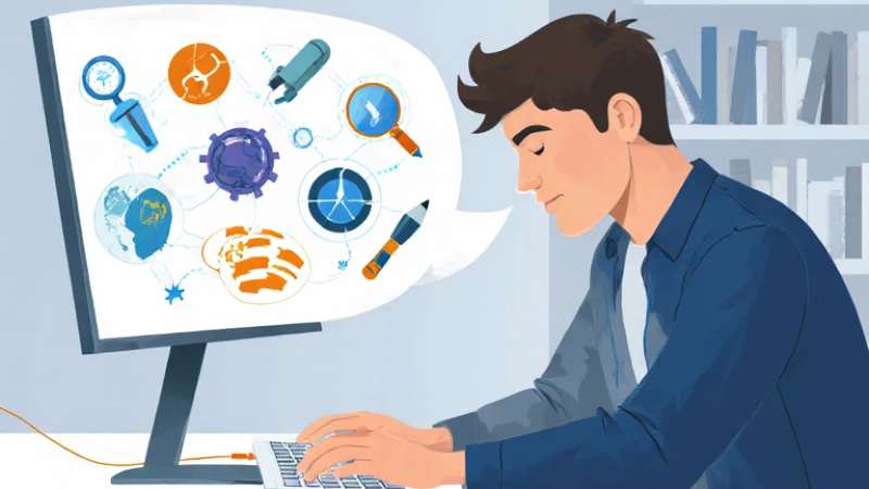 Man working at computer with science-related icons on screen.