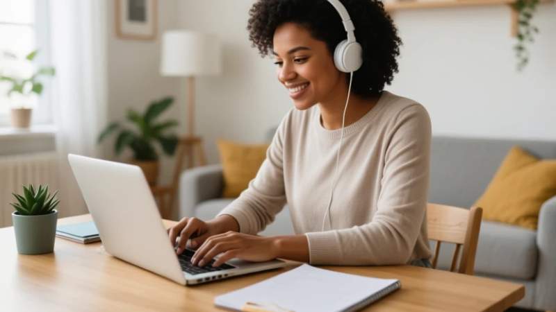 Woman using laptop with headphones at home office desk.
