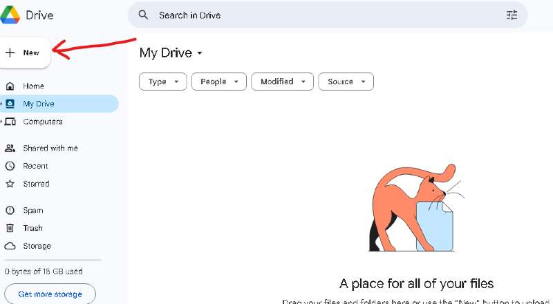 Google Drive interface with "New" button highlighted.