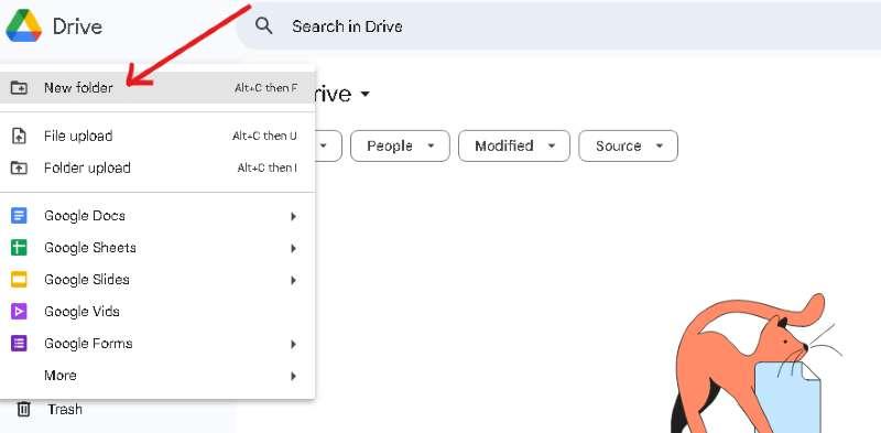 Google Drive interface with "New folder" option highlighted.