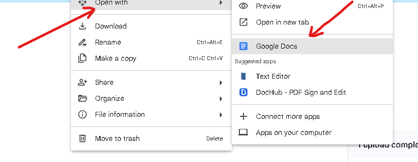 Contextual menu showing "Open with" options, highlighting Google Docs selection.