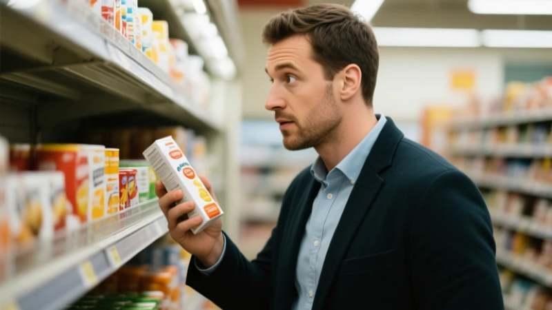 Man examining cereal box in grocery aisle.