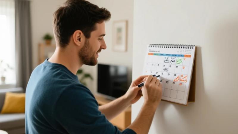Man marking dates on a wall calendar with a pen.