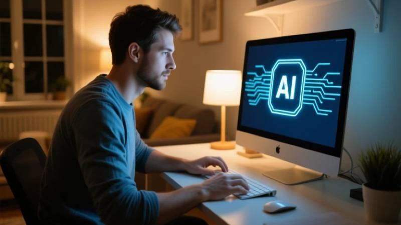 Man working at desk with computer displaying "AI" screen.