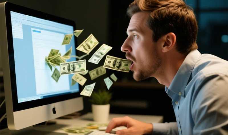 Man at computer with money flying out of his mouth.