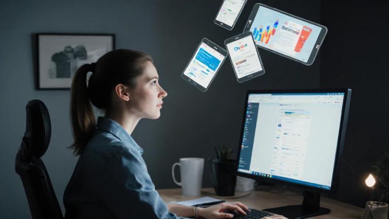 Woman at desk with floating digital devices above her computer screen.