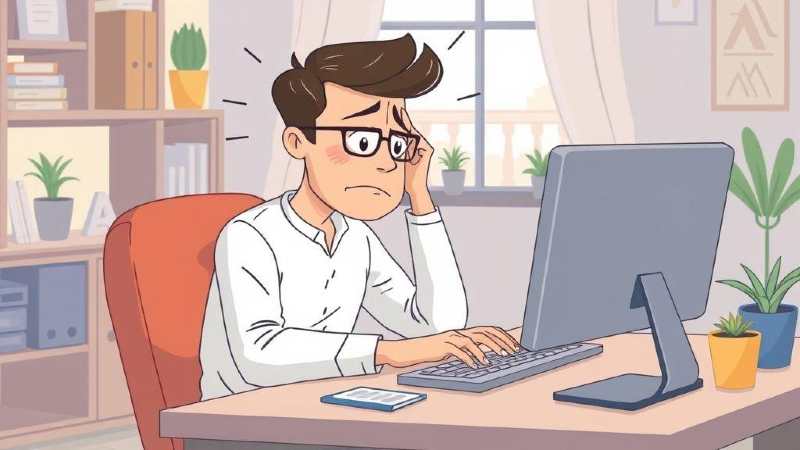 Man at desk with computer, looking stressed or confused.
