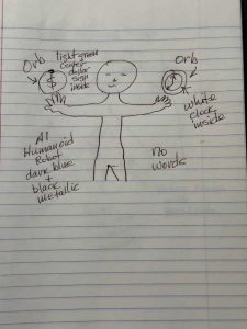 A humanoid robot with light green orb and clock inside, no words, dark blue body, black metallic legs.