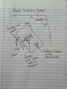 Hyper realistic drawing of a room with labeled items like desk, chair, laptop, picture frame, etc.