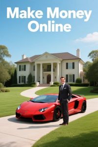 Man in suit beside red sports car with mansion in background; "Make Money Online" text.